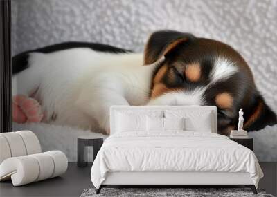 A small brown and white dog is sleeping on a blanket. The dog is curled up and has its paws tucked under its body. The blanket is soft and fluffy Wall mural