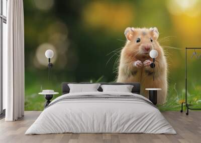 A small brown hamster is standing on a green grassy field. The hamster is looking at the camera with a curious expression Wall mural