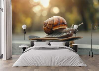 a small snail is riding a skateboard. a playful and whimsical mood. slow snail skateboard. speed inc Wall mural