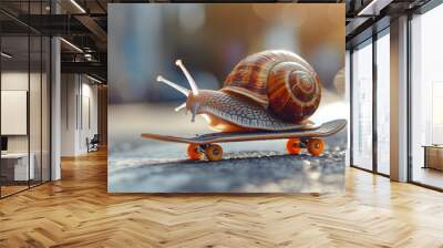 A small snail is riding a skateboard. a playful and whimsical mood. Slow snail skateboard. Speed increase, courier delivery, transportation, efficient fast movement, time saving fast delivery concept Wall mural