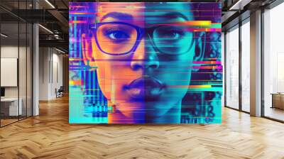 A woman's face is shown in two different colors. image is a representation of the idea of duality or the concept of two different perspectives. ethnic female has two visually distinct personalities. Wall mural