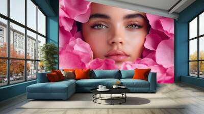 A woman is surrounded by pink flowers and her face is the main focus of the image. The flowers are arranged in a way that makes her look like she is hiding behind them. Scene is soft and romantic Wall mural