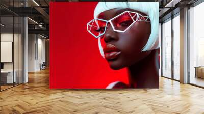 A woman with a short white wig and red lipstick stands in front of a red background. She is wearing glasses with a diamond pattern. portrait of a dark skinned black woman wearing futuristic Wall mural