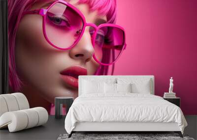 A woman with pink hair and glasses is standing in front of a pink background. She is wearing a pink shirt and has red lips. Concept of confidence and boldness. Woman fashion style, wearing sunglasses Wall mural