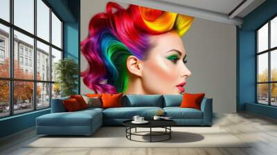 A woman with rainbow colored hair is the main focus of the image. The hair is long and flowing, with each strand of hair being a different color. The woman's face is also colorful, with a pink lip Wall mural