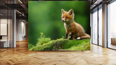 Baby fox is sitting on a log. It has brown fur and is looking at the camera. Red fox, vulpes vulpes, small young cub in forest . Wildlife scene from nature Wall mural