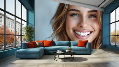 Beautiful female smile after teeth whitening procedure. Dental care. Dentistry concept. girl woman smiling white teeth. Beautiful wide smile of healthy woman, white teeth close up, dentist tooth white Wall mural