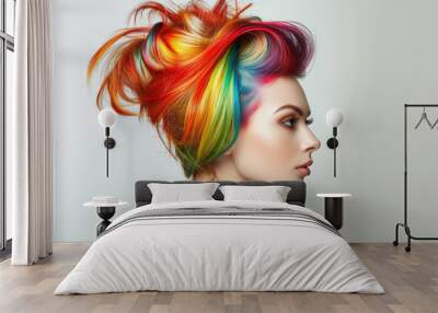 Beautiful woman with multi-colored hair and creative make up and hairstyle. Beauty face. Model for hairstyles. Beauty fashion portrait of a woman with rainbow-dyed hair. Wall mural