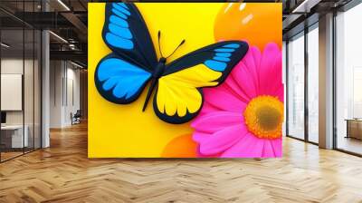 Black butterfly is on a yellow background with pink flowers. The butterfly is surrounded by orange flowers. vivid pop Surrealism baterfly and flowers fulcolors Wall mural