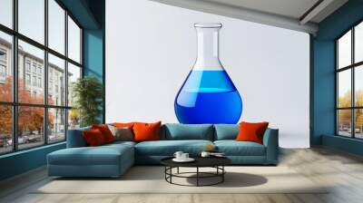 Blue glass vase filled with water sits on a wooden surface. The vase is clear and the water inside is blue. Concept of calm and tranquility, as the blue water inside the vase is still Wall mural