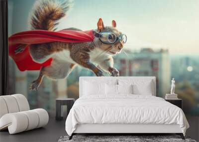 brave squirrel in a superhero cape and glasses jumping between city buildings. spirit of adventure. City buildings background. for advertising children's products, comics, inspiring adventure. Wall mural