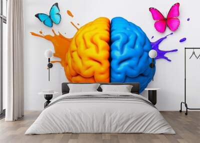 Butterfly is on top of two brains. The butterfly is purple and blue. The brains are yellow and gray. human brain in black and white, centered in the design Wall mural