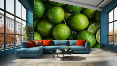 Close-up of fresh limes covered in water. Top view of healthy vegetables, food background. Natural fresh lime with water drops and sliced. fresh juicy green lemons. Lime fruit cut texture. Citrus  Wall mural