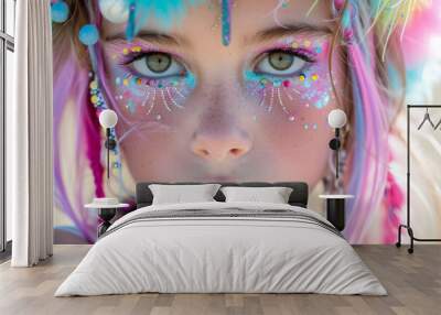 Close-up portrait of a beautiful girl model. Bright makeup, rhinestones on the eyes, multi-colored makeup, colored hair. The face of a young girl. For beauty salons and makeup artists. Wall mural