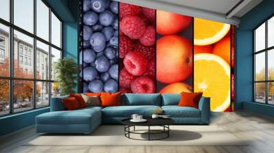 Collection of fruits and vegetables fruit collage background with berries and grapes. Variety of fruit arranged in squares. Assorted berries products collage divided by vertical lines  Wall mural