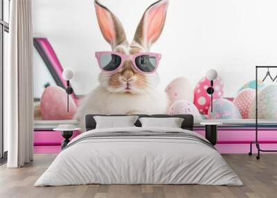 Cute Easter Bunny with sunglasses looking out of a car filed with easter eggs. Cool Easter bunny in a car delivering Easter eggs. an Easter bunny wearing sunglasses Wall mural