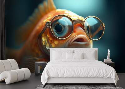 Fish wearing glasses and a mouth. The fish is gold in color. a beautiful Fish wearing tiny sunglasses, realistic, swimming in the ocean, with ocean beauty around Wall mural