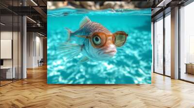 Fish wearing glasses and a mouth. The fish is gold in color. a beautiful Fish wearing tiny sunglasses, realistic, swimming in the ocean, with ocean beauty around Wall mural