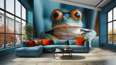 Frog wearing glasses is sitting on a blue chair. The frog has yellow eyes and is wearing a pair of glasses. a frog in a retro sport suit, wes andersen style whit copy space Wall mural