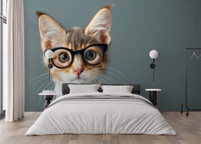 funny cat in a tie, glasses on a gray background. animal with glasses look at the camera. An unusual moment full of fun and fashion consciousness. Business through the eyes of animals Wall mural