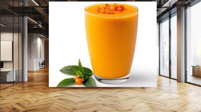 Glass of orange juice with berries on top. Glass is on a black background. smoothie served in a tall, clear glass, golden-orange hue. smoothie has a silky, velvety texture with natural ingredients. Wall mural