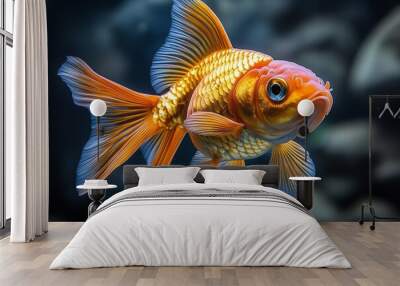 Gold fish is swimming in a tank. The fish is orange and has a blue tail. It is swimming near the bottom of the tank. A single goldfish swimming in an aquarium. Wall mural