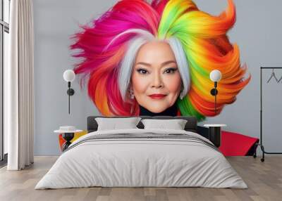 indonesian grandma with absolutely huge, tall hair. neon color hair. fun theme. professional studio photoshoot. plain neon color background Wall mural