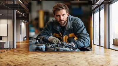 Man in a blue jacket is working on a car engine. He is wearing gloves and has a serious expression on his face. Car mechanic repairing car with opened hood, friendly look at camera Wall mural