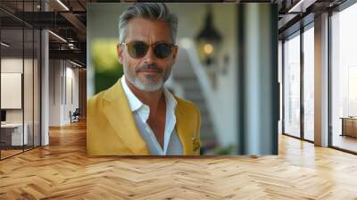 Man in a yellow jacket and white shirt is wearing sunglasses and smiling. He looks confident and stylish. man with groomed silver hair and a short beard, wearing blazer over a white shirt , sunglasses Wall mural