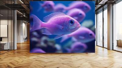 Pink fish is swimming in a tank with other fish. The fish is the only one that is not in a group. Pink fish, close-up shot of an army of pink baby fish swimming in the sea, neon blue background Wall mural