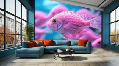 Pink fish is swimming in a tank with other fish. The fish is the only one that is not in a group. Pink fish, close-up shot of an army of pink baby fish swimming in the sea, neon blue background Wall mural