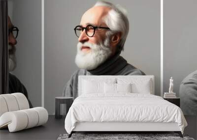 senior man with eyeglasses and beard character sheet, image split into 3, three different angles. man with white hair and glasses are smiling for the camera, is wearing a gray sweater and glasses Wall mural