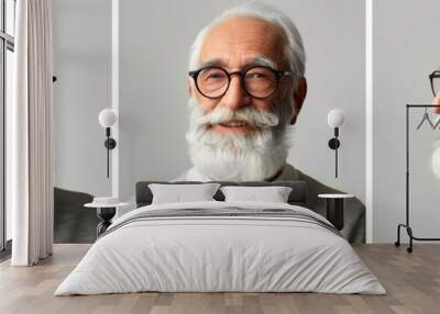 senior man with eyeglasses and beard character sheet, image split into 3, three different angles. man with white hair and glasses are smiling for the camera, is wearing a gray sweater and glasses Wall mural