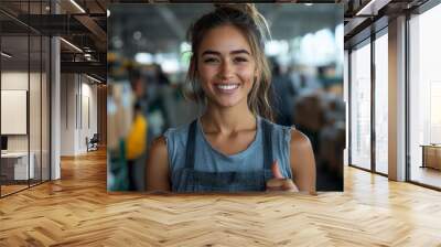 Smiling woman wearing a turban and blue shirt is giving a thumbs up. She is standing in a factory. female warehouse worker in work attire giving a thumbs-up, showing confidence and satisfaction. Wall mural