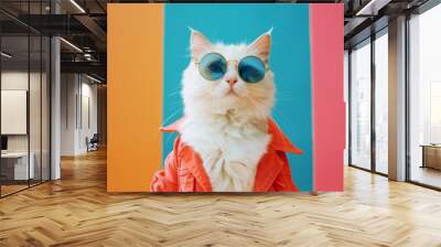 stylish white cat in trendy sunglasses and outfit looking at camera against two colored background Wall mural