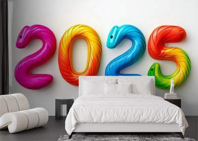 The 2025 year is written in a colorful, rainbow-colored font. The font is made up of four different colored letters, each with a unique shape Wall mural