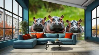 Three hippos are swimming in a lake. They are all smiling and looking at the camera. The scene is peaceful and serene, with the water reflecting the beauty of the hippos Wall mural