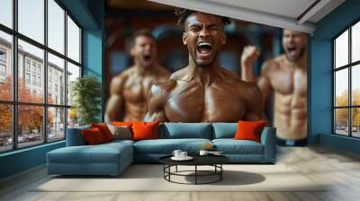 Three men in a gym, one of them is yelling. The man yelling. alpha male in gym, winning screaming face and body celebrating, with 2 friends cheering him on Wall mural