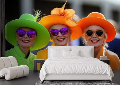 Three women wearing bright orange hats and sunglasses pose for a photo. The hats are neon green, yellow, and orange. The women are smiling and seem to be enjoying themselves. The photo has a fun Wall mural