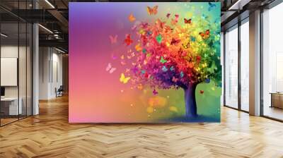 tree with colorful butterflies colorful background. Elegant colorful tree with vibrant leaves hanging branches illustration background. Bright color 3d abstraction wallpaper for interior mural paintin Wall mural