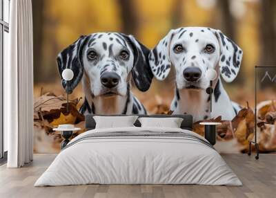 Two dogs are laying on a pile of leaves. The dogs are black and white Wall mural