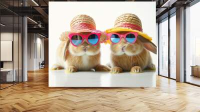 two rabbits wearing sunglasses and hats are. fun and playful mood, as the rabbits are dressed up in sunglasses. Cute and festive bunnies in hats and sunglasses celebrating summer on white background Wall mural