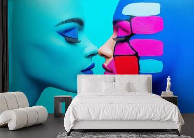 Two women with painted faces are kissing. The painting is colorful and vibrant. Scene is playful and fun Wall mural