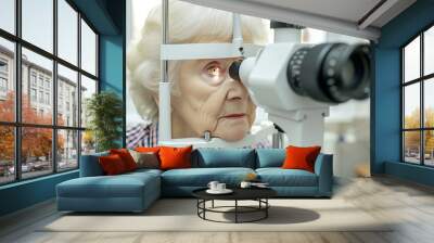 Woman oculist examining old woman sight with ophthalmic tool in modern hospital clinic. Optician performing eyesight measurement for senior patient with myopia. Wall mural