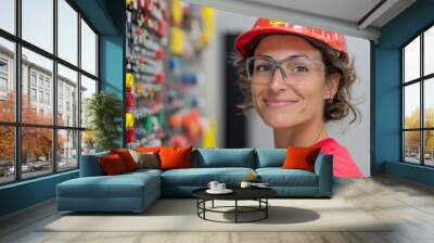 Woman wearing a red shirt and a hard hat is smiling. She is wearing safety glasses and a yellow helmet. electrician woman installing a electric switchboard system, Wall mural