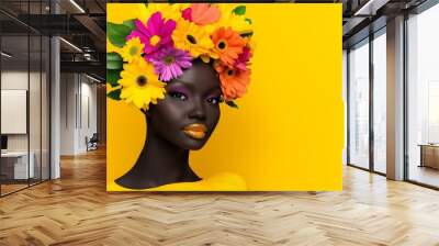 Woman with a flowery headdress The flowers are pink and yellow. The woman has a black face. abstract colorful black female model with flower bouquet as her head Wall mural