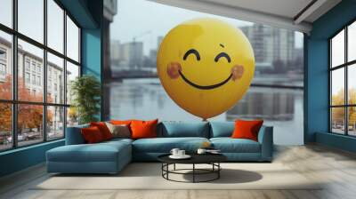 Yellow balloon with a smiley face on it. The balloon is tied to a blue string. World Mental Health Day, Wall mural