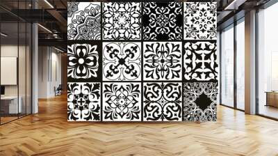 Set of 18 tiles Azulejos in black, white. Original traditional Portuguese and Spain decor. Seamless patchwork tile with Victorian motives. Ceramic tile in talavera style. Gaudi mosaic. Vector Wall mural