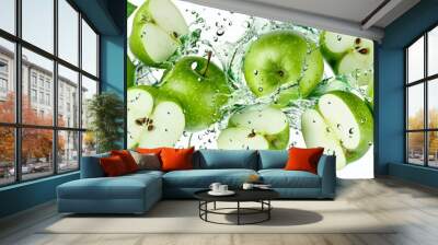 Green apples in water splash on white background Wall mural