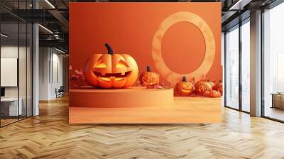 Halloween background with pumpkins and empty minimal podium for product Wall mural